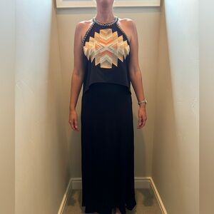 Chloe Oliver t-back gown with embroidered bodice and trim